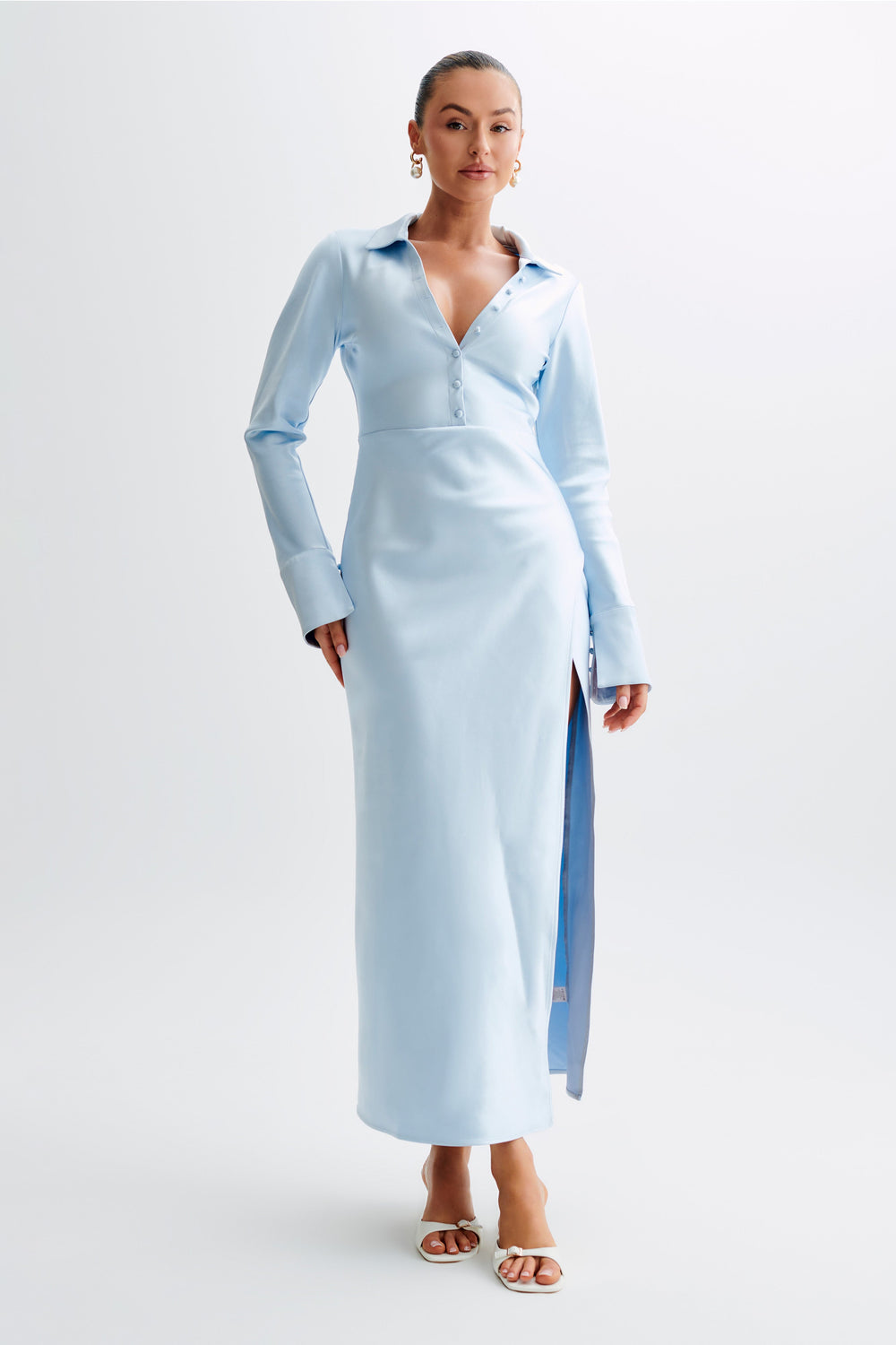 Whitley Satin Collared Maxi Dress - Ice Blue