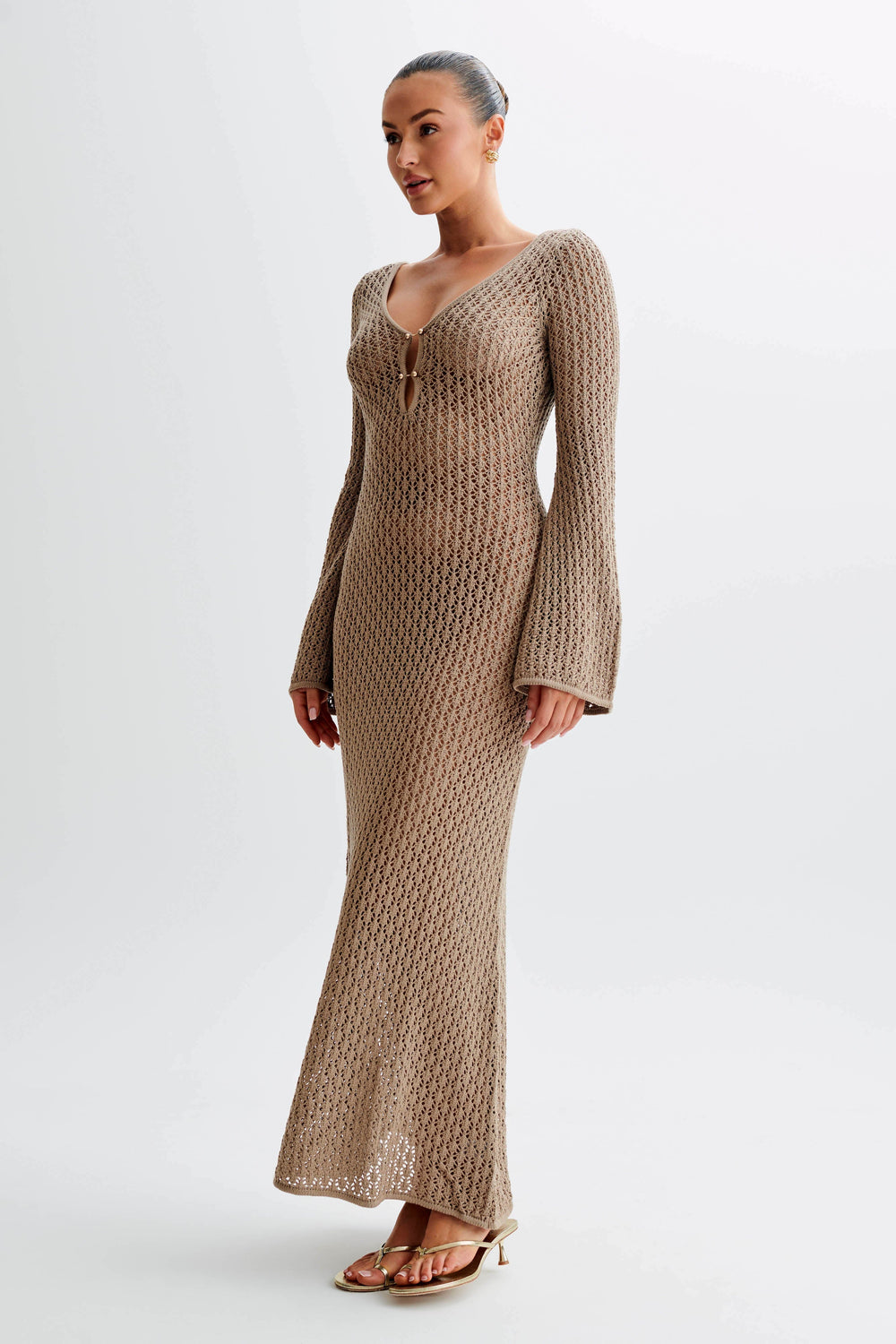 Kayleigh Crochet Fishtail Flare Sleeve Maxi Dress - Taupe