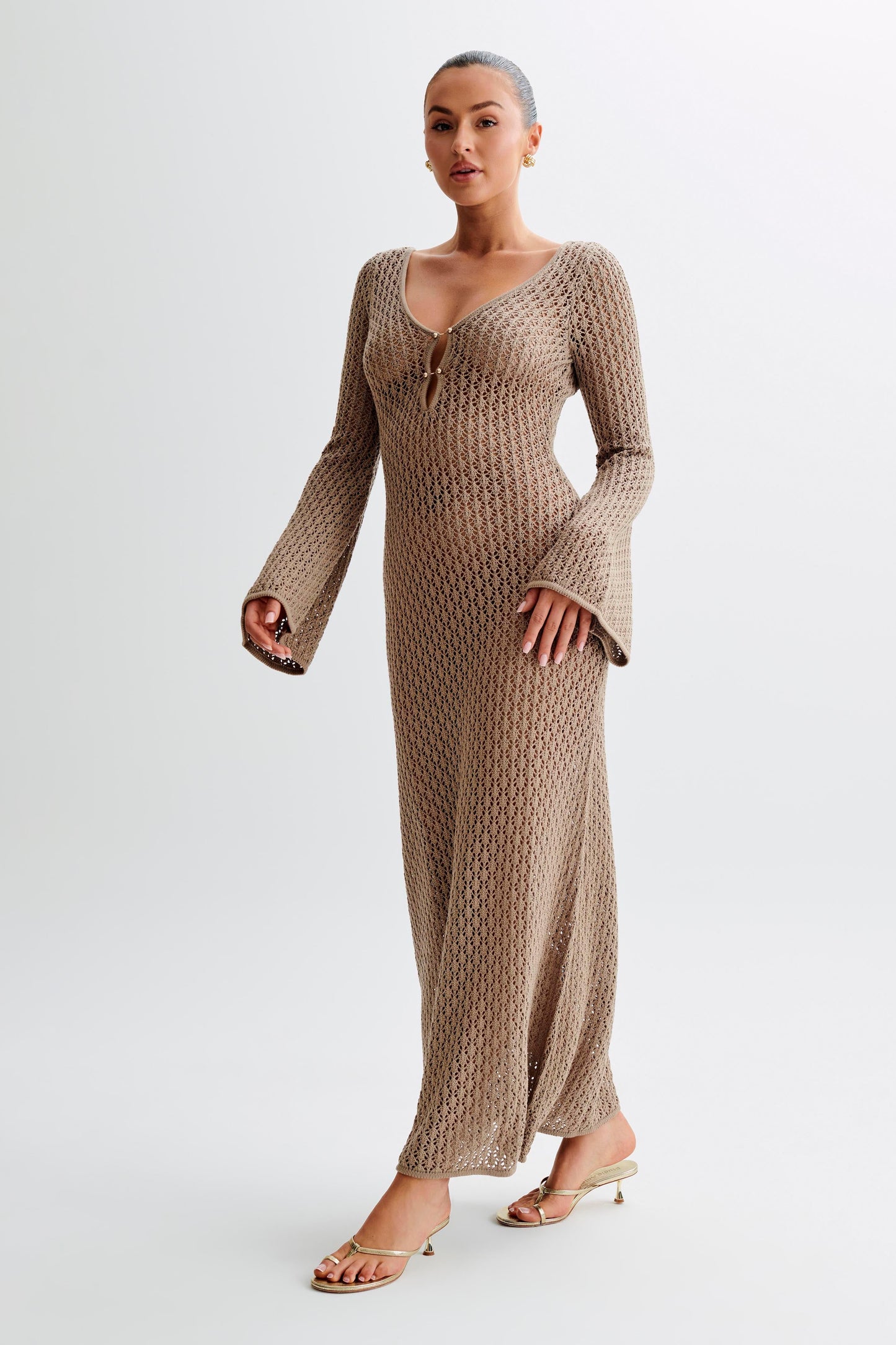 Kayleigh Crochet Fishtail Flare Sleeve Maxi Dress - Taupe