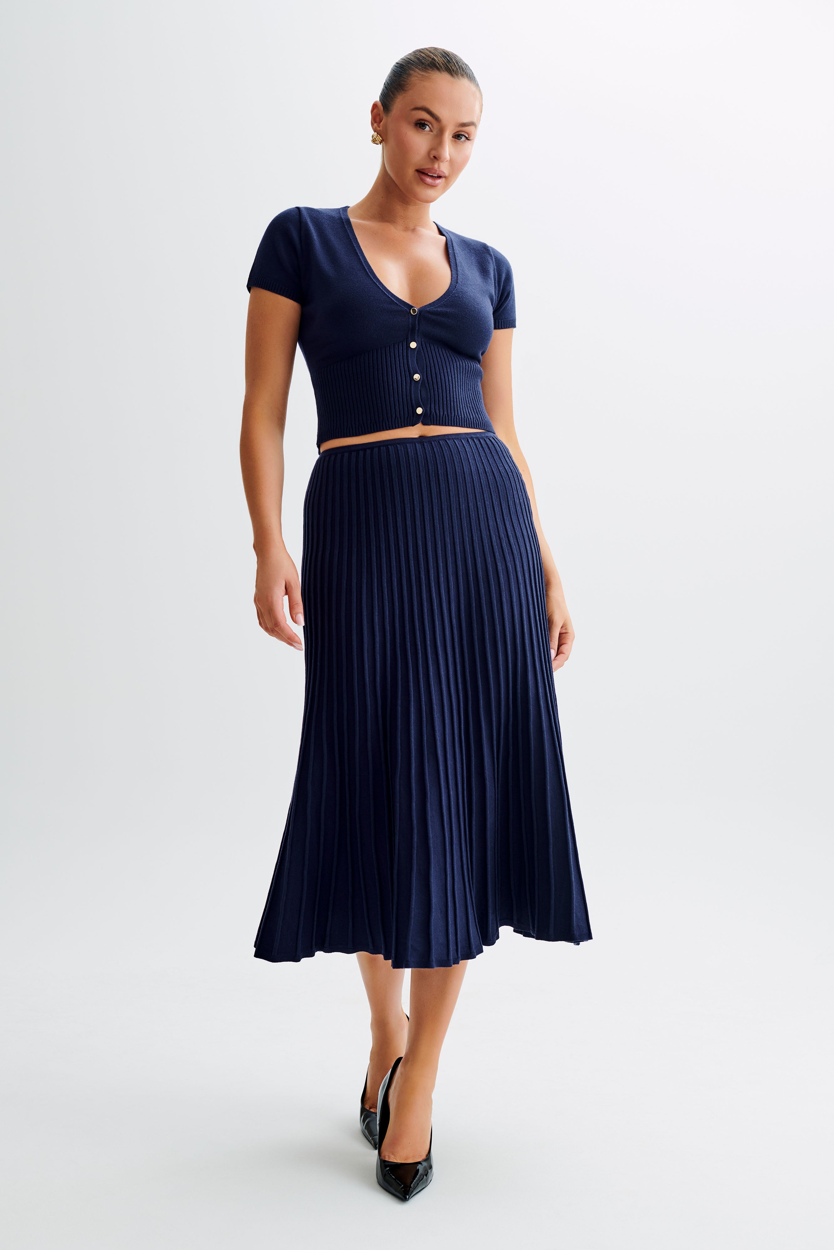 Jolene Rib Knit Midi Skirt - Navy | MESHKI US