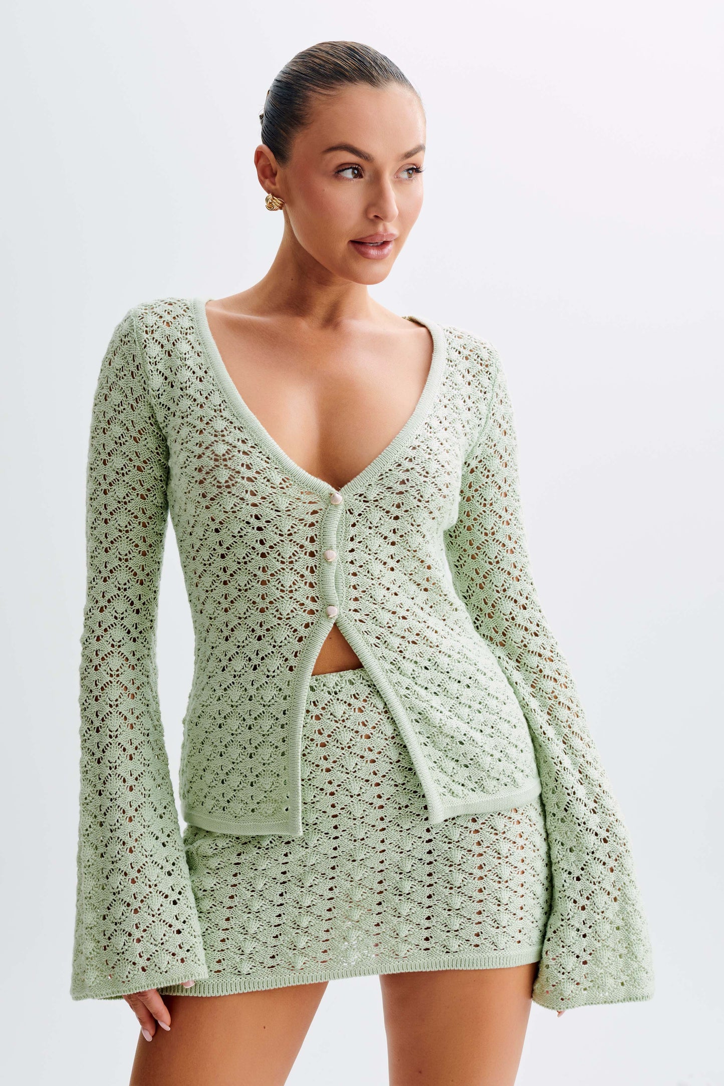 Murphy Long Sleeve Knit Shell Button Cardigan - Pastel Green