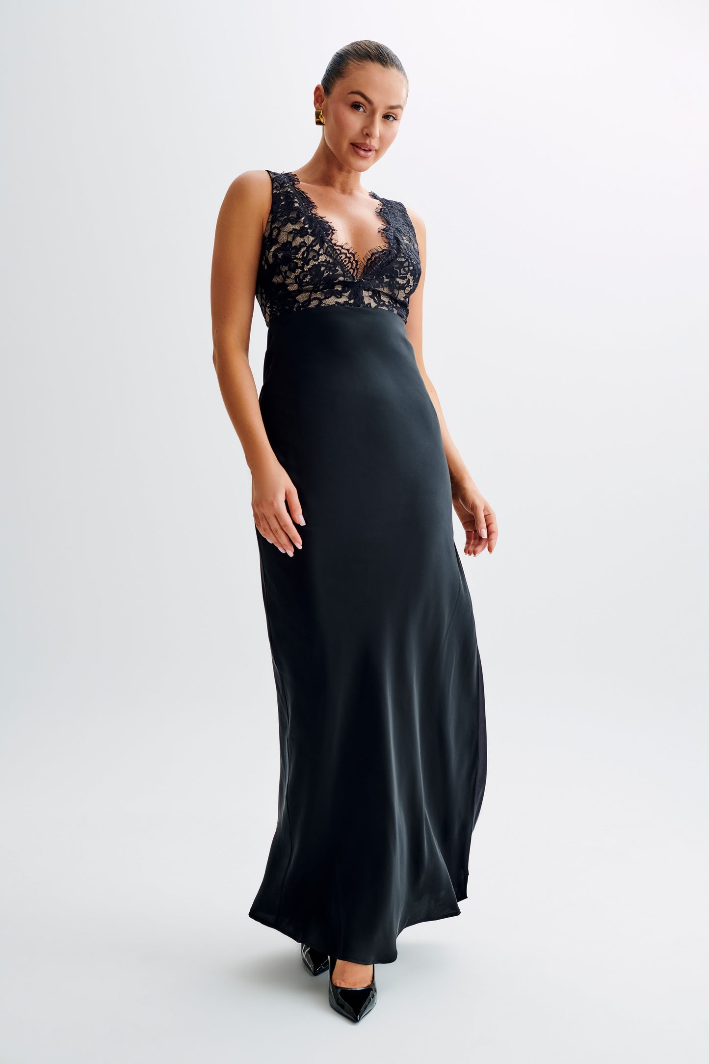 Ricci Satin And Lace Maxi Dress - Black