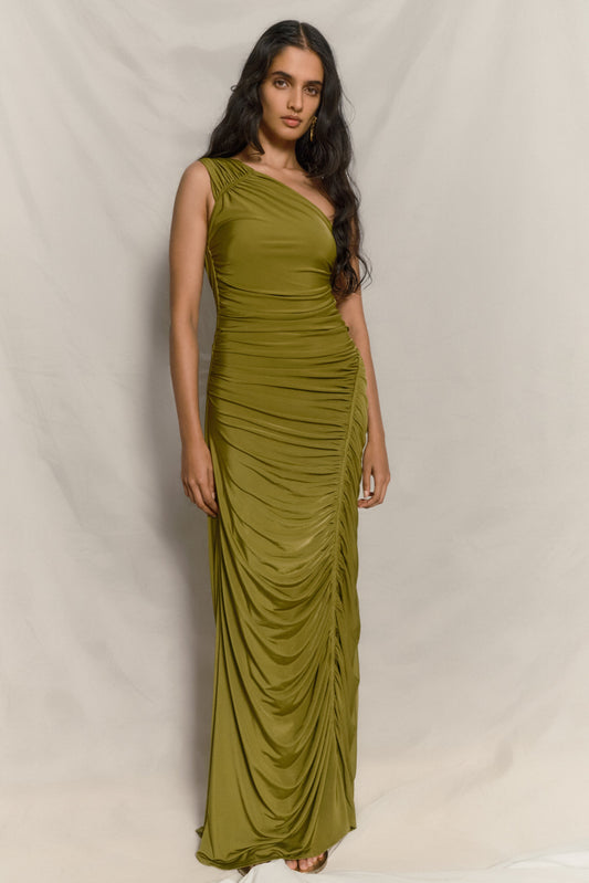 Capri Gathered Slinky Maxi Dress - Vintage Olive