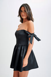 Rita Satin Mini Dress With Bow Sleeves - Black