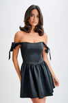 Rita Satin Mini Dress With Bow Sleeves - Black