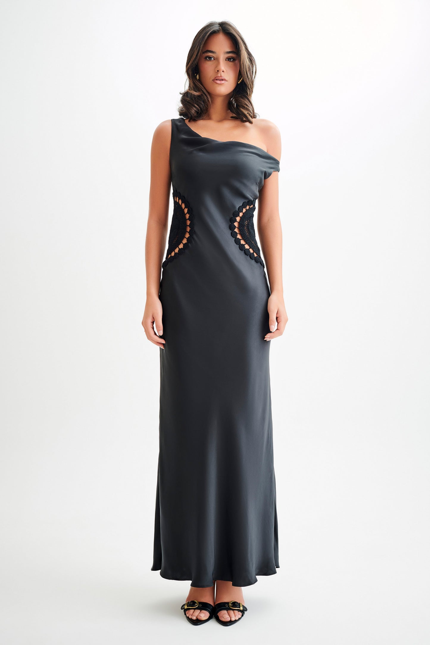 Kristina Satin Maxi Dress With Crochet - Black