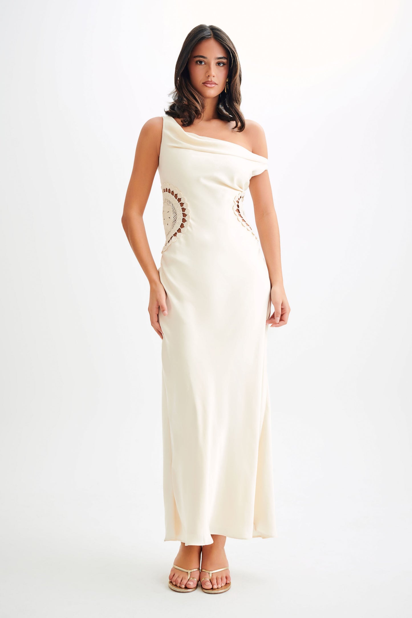 Kristina Satin Maxi Dress With Crochet - Ivory