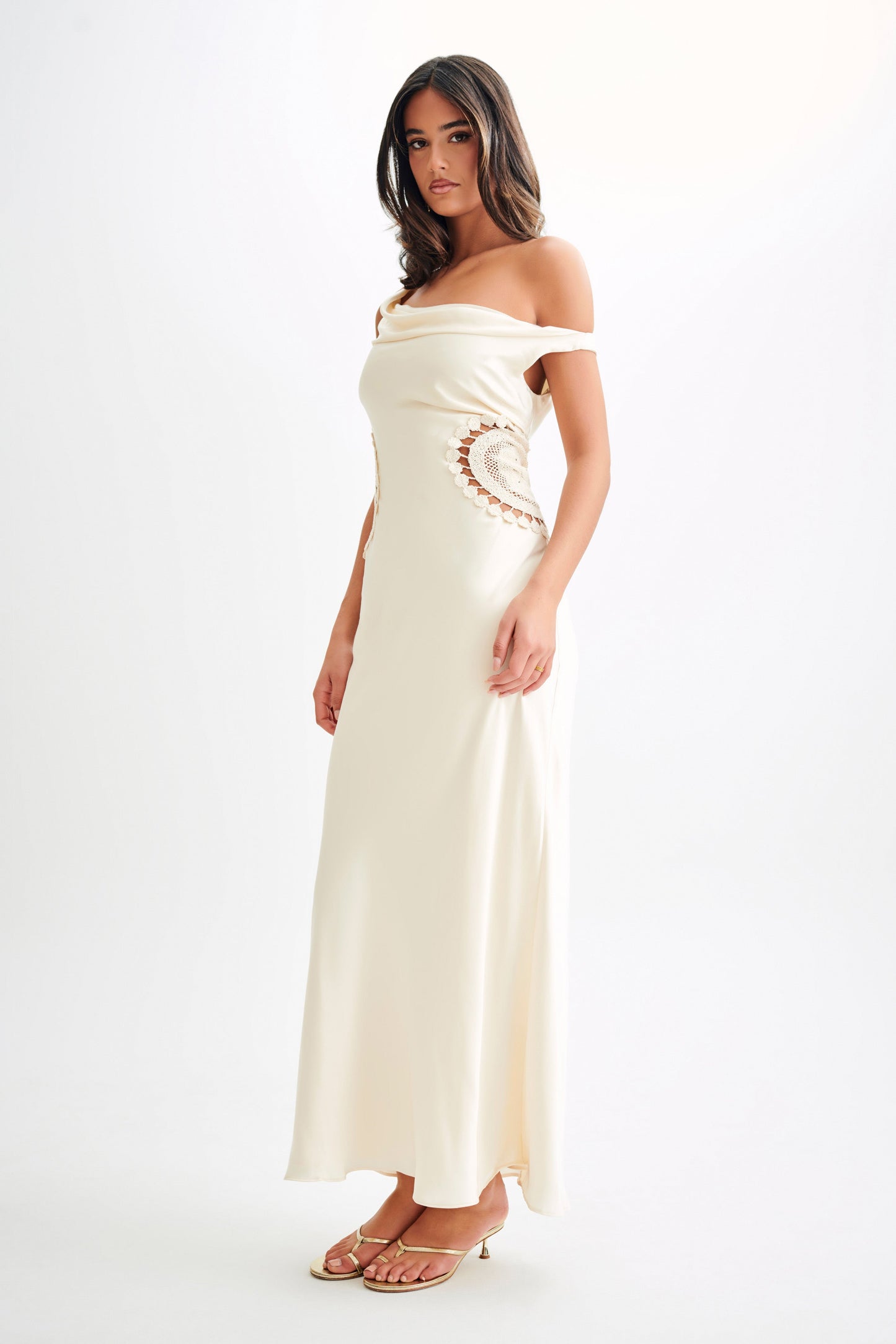 Kristina Satin Maxi Dress With Crochet - Ivory