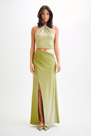 Bronwyn Slinky Ruched Maxi Skirt With Split - Ombre Vintage Olive