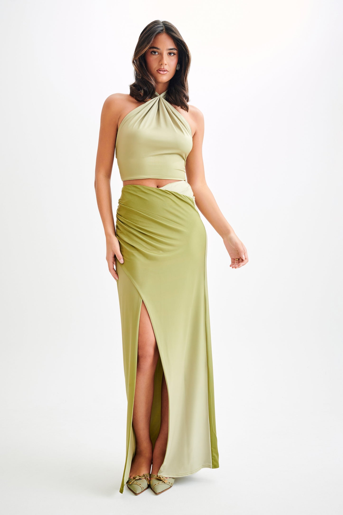 Bronwyn Slinky Ruched Maxi Skirt With Split - Ombre Vintage Olive