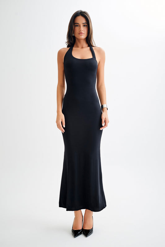 Marianne Asymmetrical Slinky Maxi Dress - Black