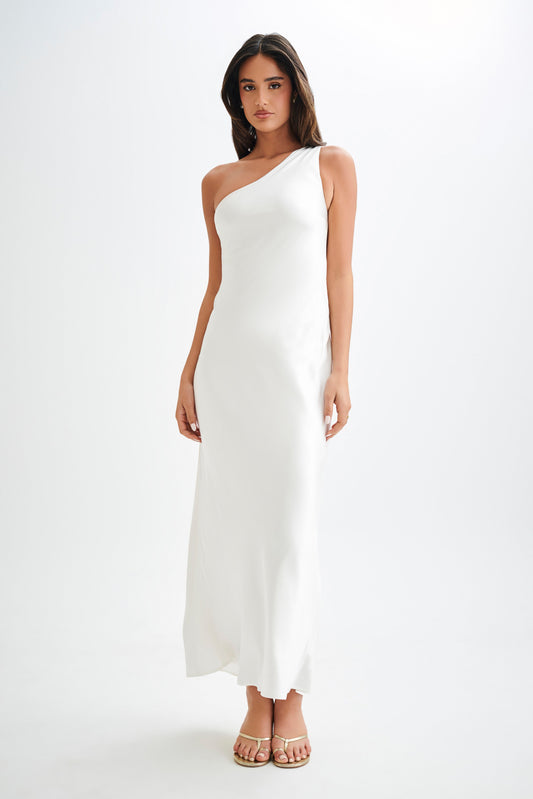 Camille One Shoulder Satin Maxi Dress - White