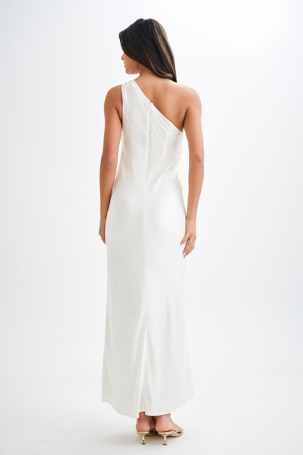 Camille One Shoulder Satin Maxi Dress - White