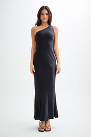 Camille One Shoulder Satin Maxi Dress - Black