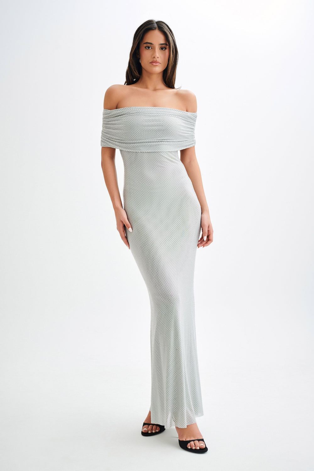 Arna Off Shoulder Diamante Maxi Dress - Silver