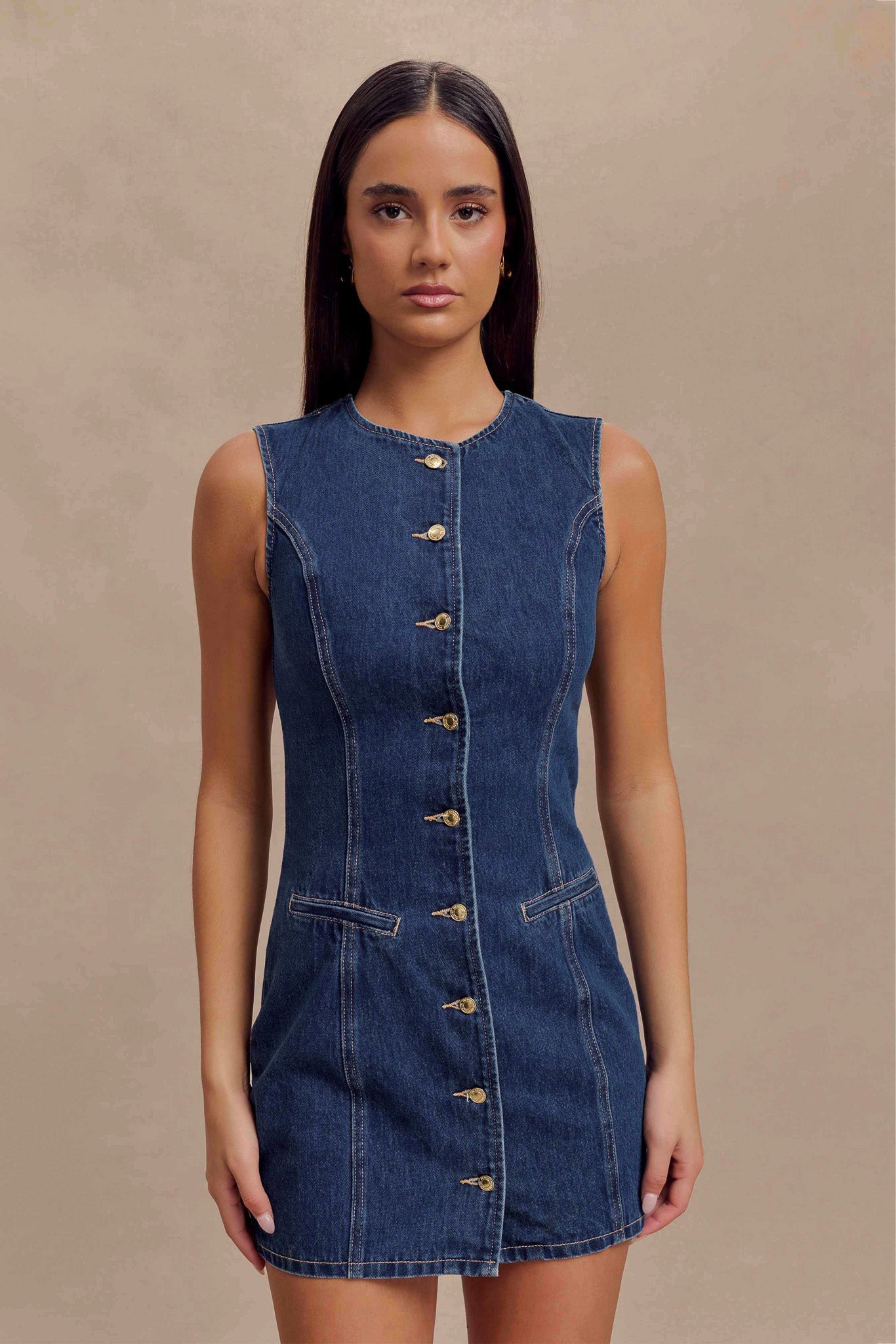 Jane Button Down Denim Mini Dress - Dark Blue