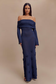 Kiki Off Shoulder Knit Rose Maxi Dress - Navy