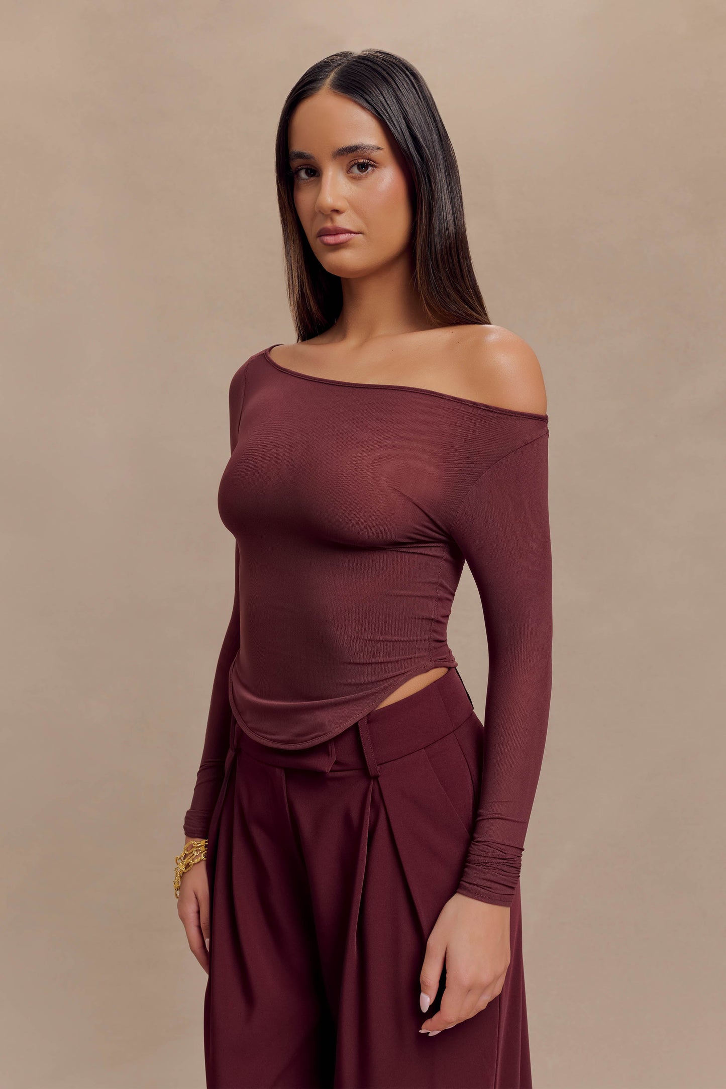 Colette Boat Neck Mesh Top - Mahogany