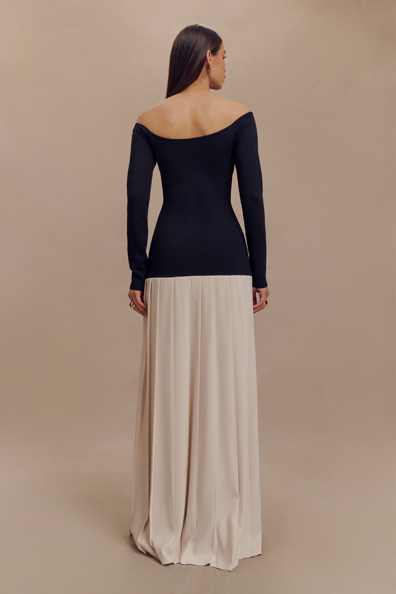 Presley Contrast Knit Off Shoulder Maxi Dress - Navy And Cream