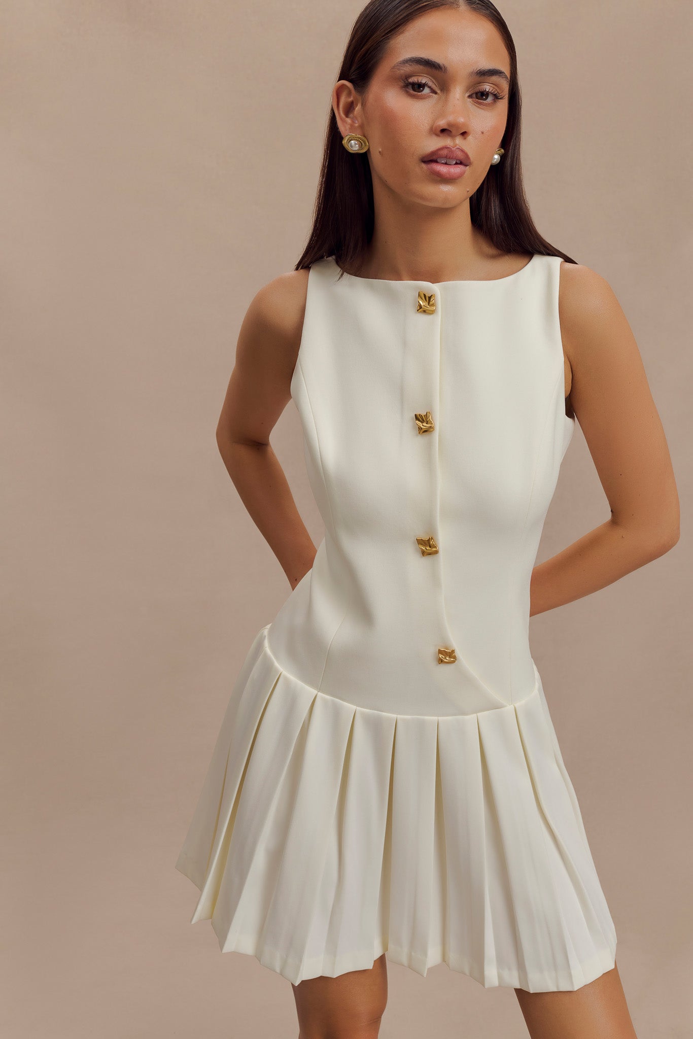 Mackenzie Sleeveless Pleated Mini Dress - Ivory