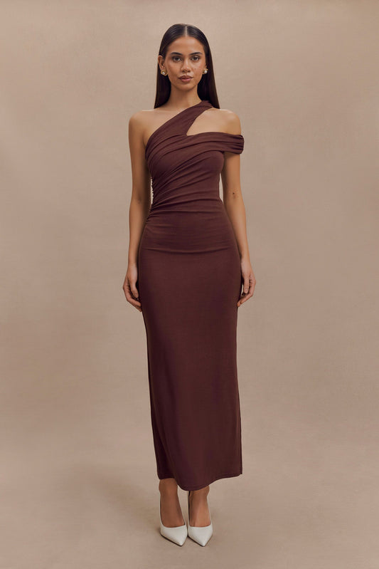 Anastasia One Shoulder Modal Midi Dress - Mahogany