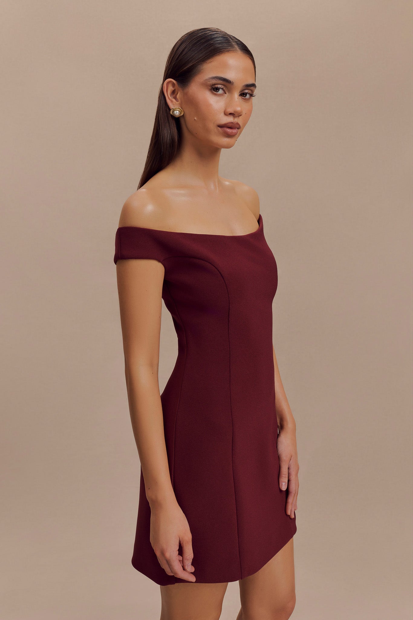 Cassidy Crepe Off Shoulder Mini Dress - Merlot