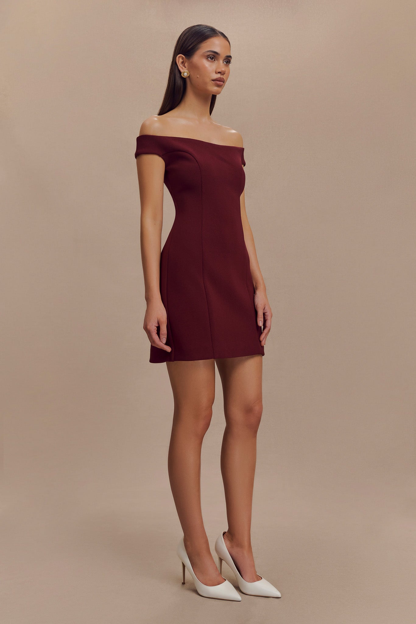 Cassidy Crepe Off Shoulder Mini Dress - Merlot