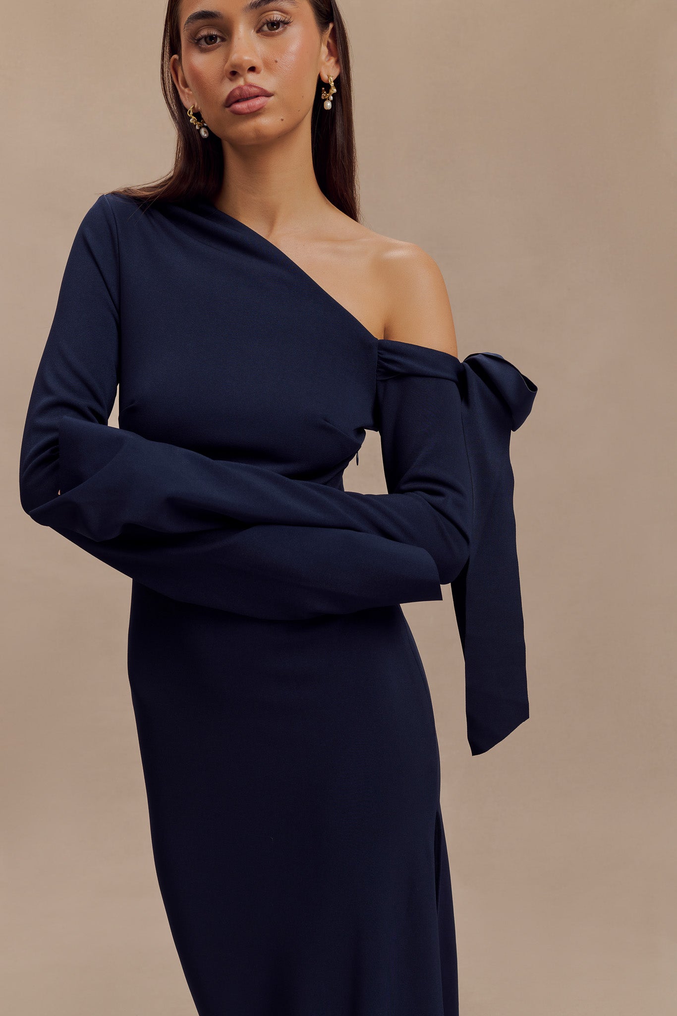 Nicola One Shoulder Crepe Maxi Dress - Dark Navy