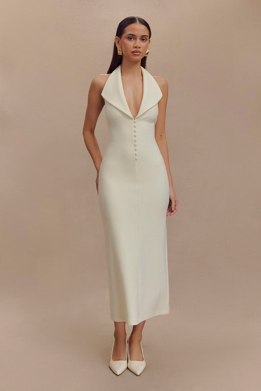 Annita Crepe Halter Midi Dress - Ivory