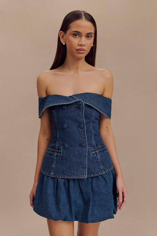 Krista Denim Off Shoulder Top - Dark Blue