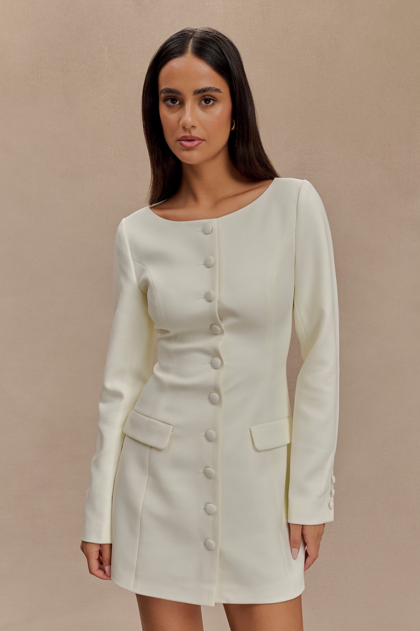 Jolie Boat Neck Suiting Mini Dress - Ivory