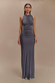 Priya Slinky Ruched Halter Maxi Dress - Dark Charcoal