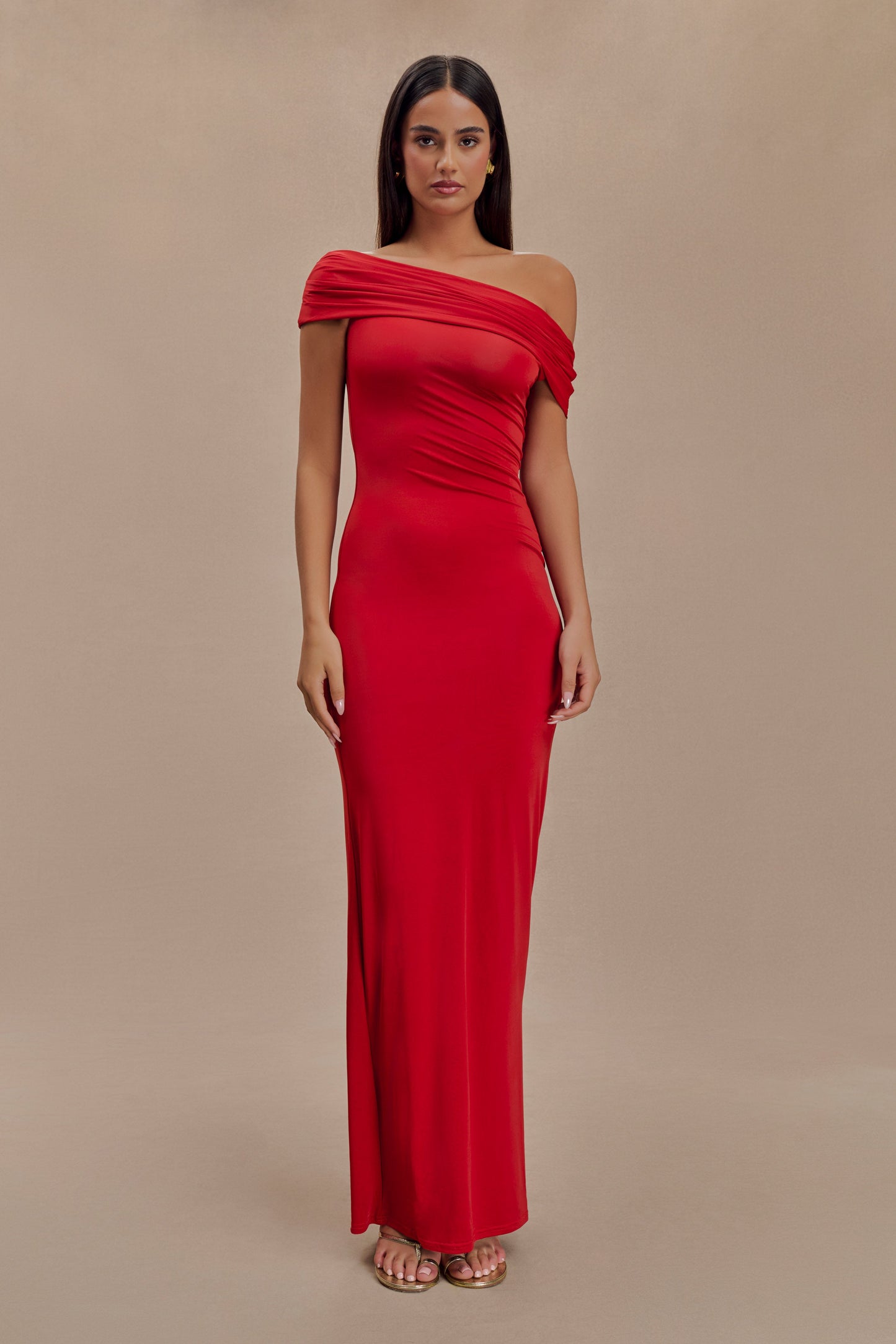 Cassandra Off Shoulder Slinky Maxi Dress - Red