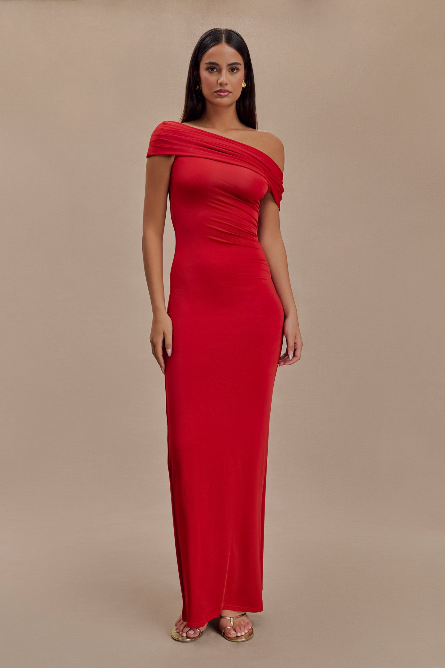 Cassandra Off Shoulder Slinky Maxi Dress - Red