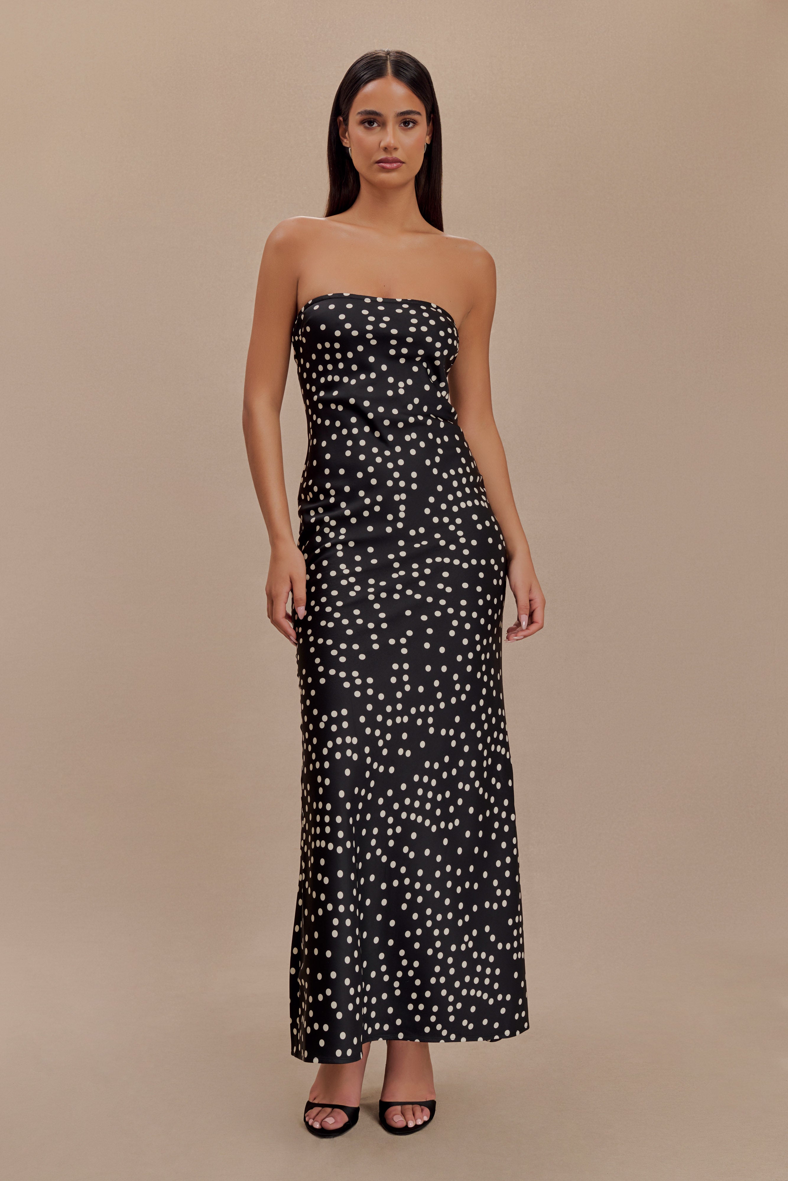 WNT Claudette Strapless Satin Maxi Dress Black Polka Dot Print MESHKI Size XXL Afterpay Available Women s Fashion Brand