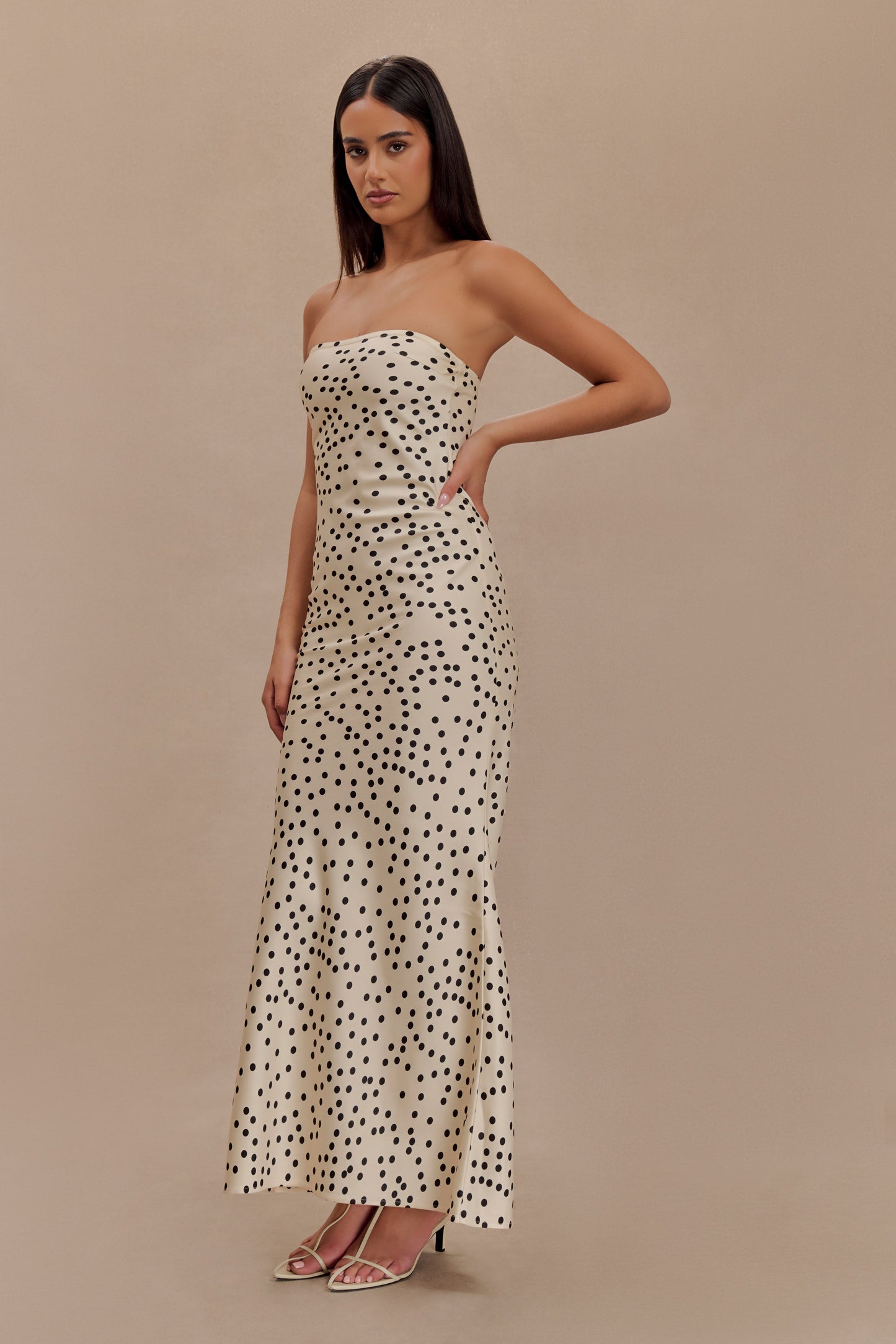 Claudette Strapless Satin Maxi Dress - Polka Dot Print