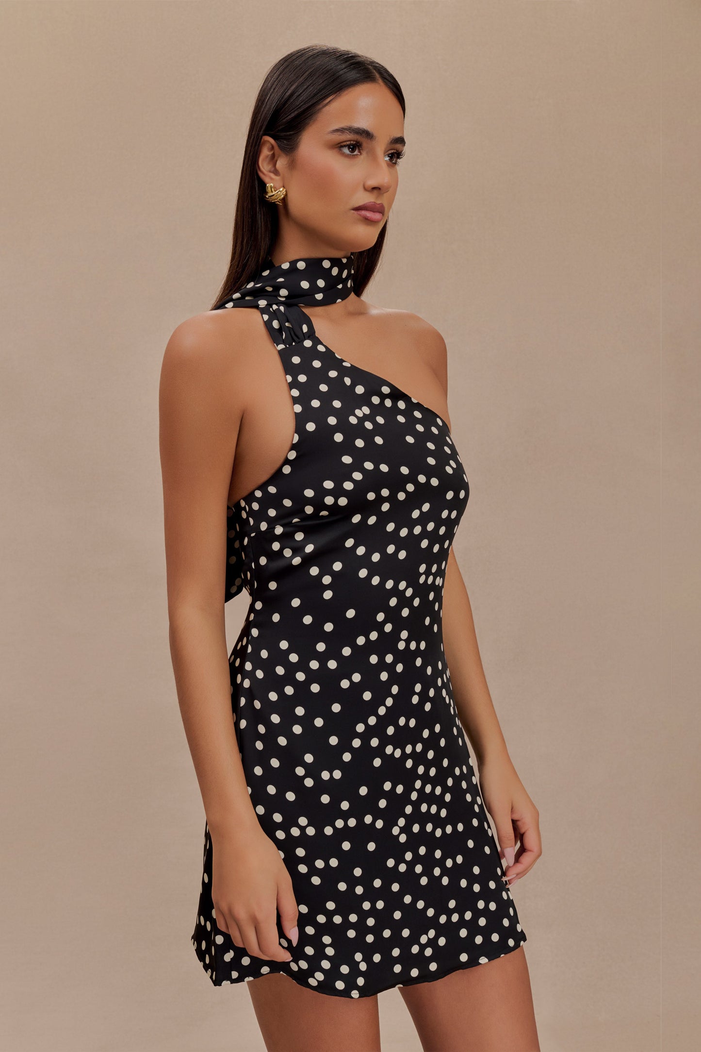 Joan Satin Asymmetrical Mini Dress - Black Polka Dot Print