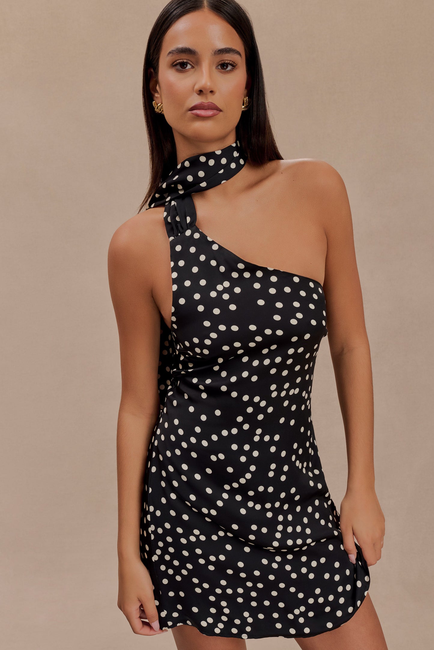 Joan Satin Asymmetrical Mini Dress - Black Polka Dot Print