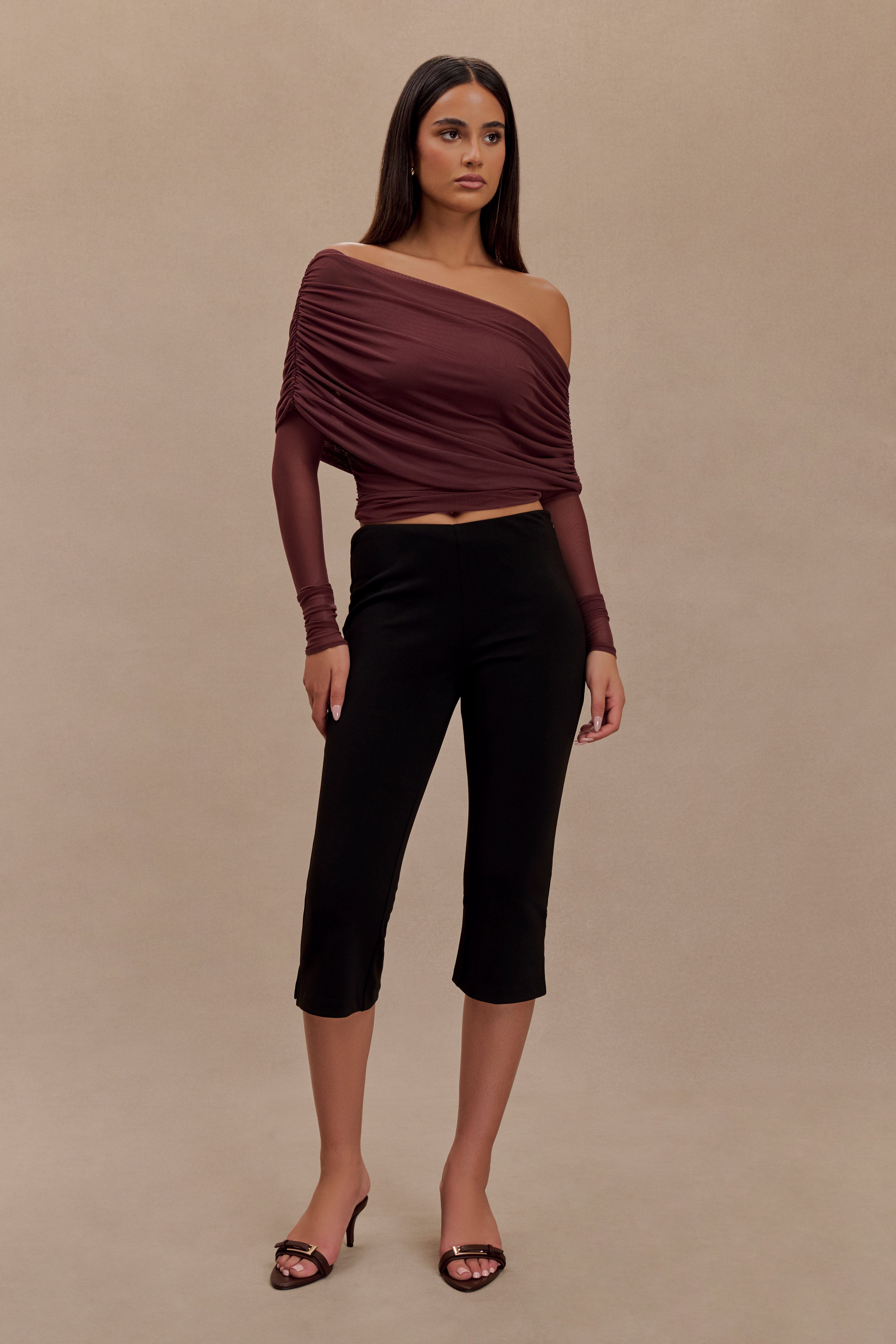 Everly Sheer Mesh Off Shoulder Top - Mahogany | MESHKI US