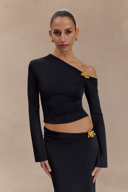 Ainsley Asymmetrical Long Sleeve Top With Floral Hardware - Black