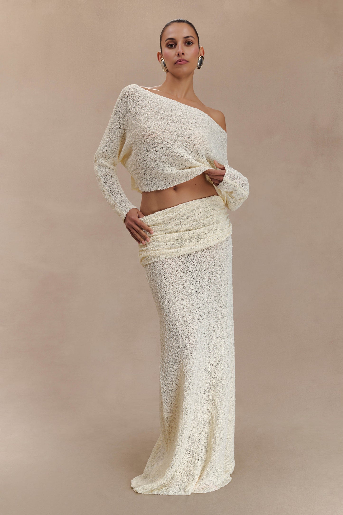 Petra Ruched Knit Maxi Skirt - Ivory