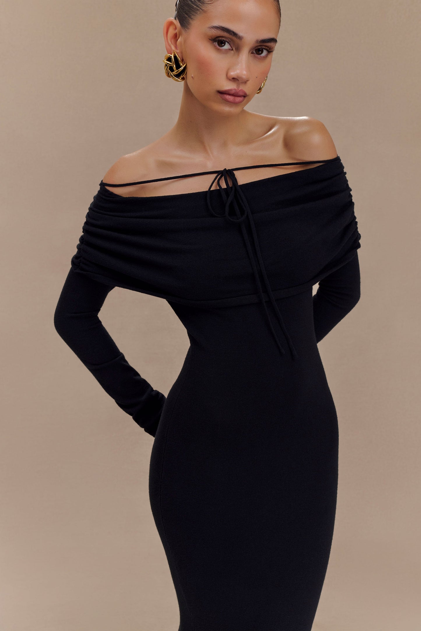 Georgiana Off Shoulder Knit Midi Dress - Black