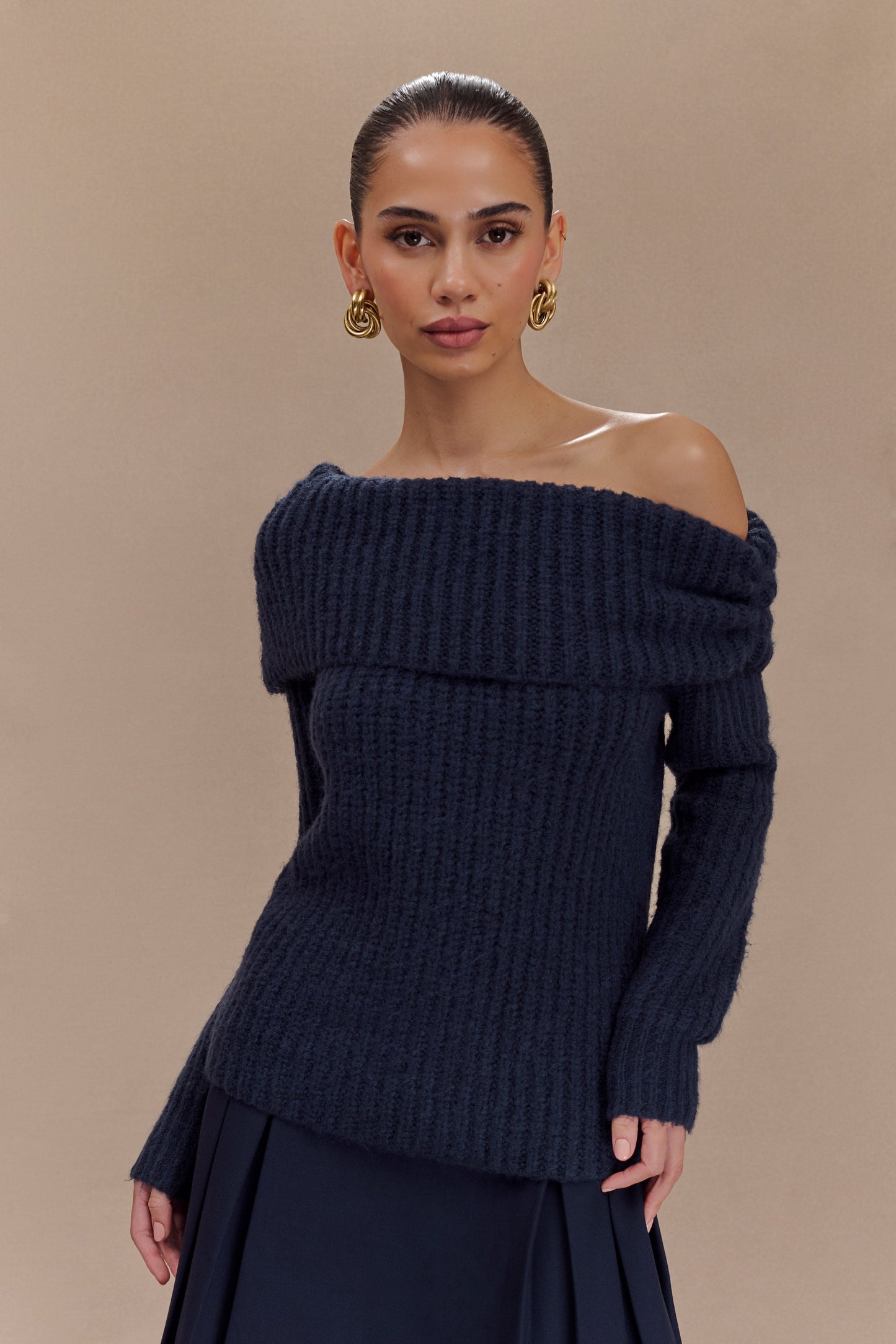 Alicia Off Shoulder Knit Top - Dark Navy