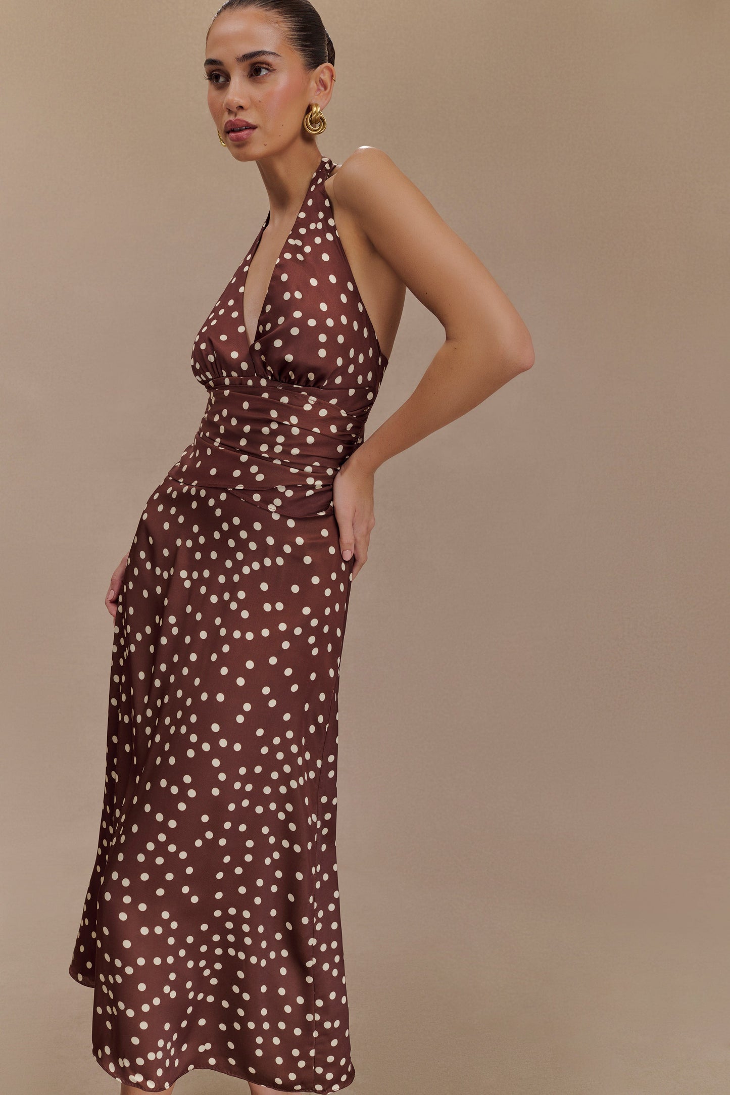 Marguerite Satin Halter Midi Dress - Brown Polka Dot Print