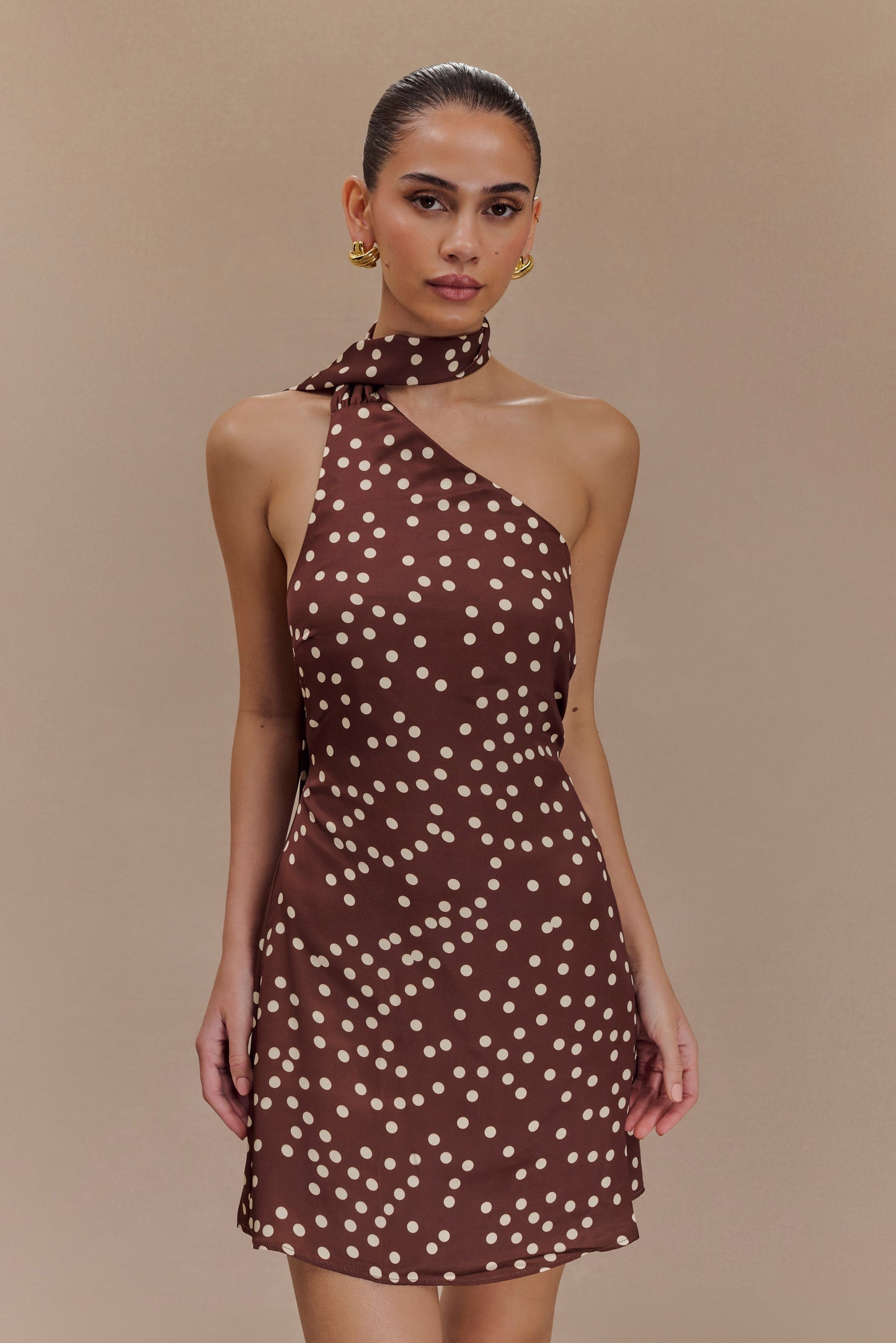 Joan Satin Asymmetrical Mini Dress - Brown Polka Dot Print