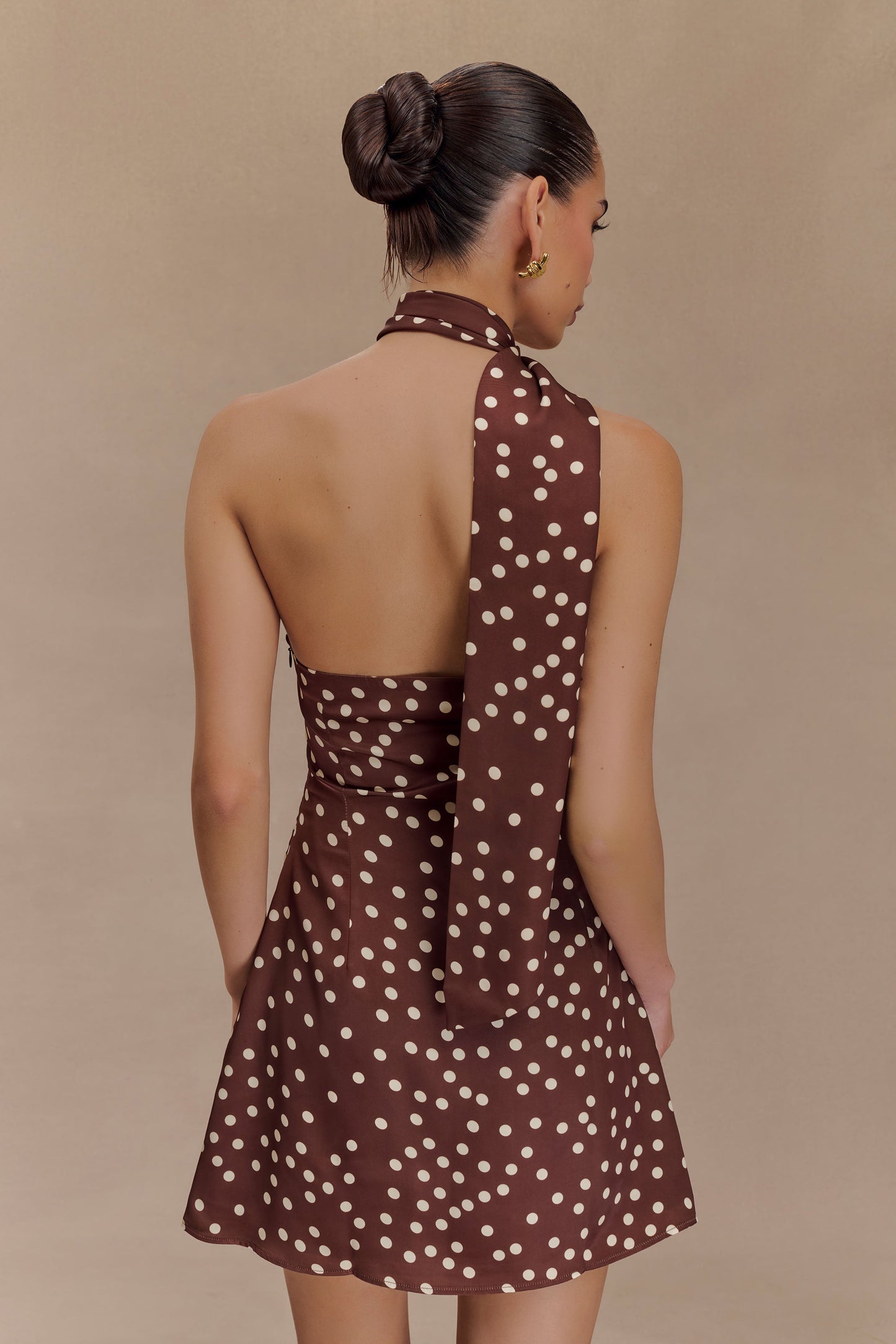 Joan Satin Asymmetrical Mini Dress - Brown Polka Dot Print