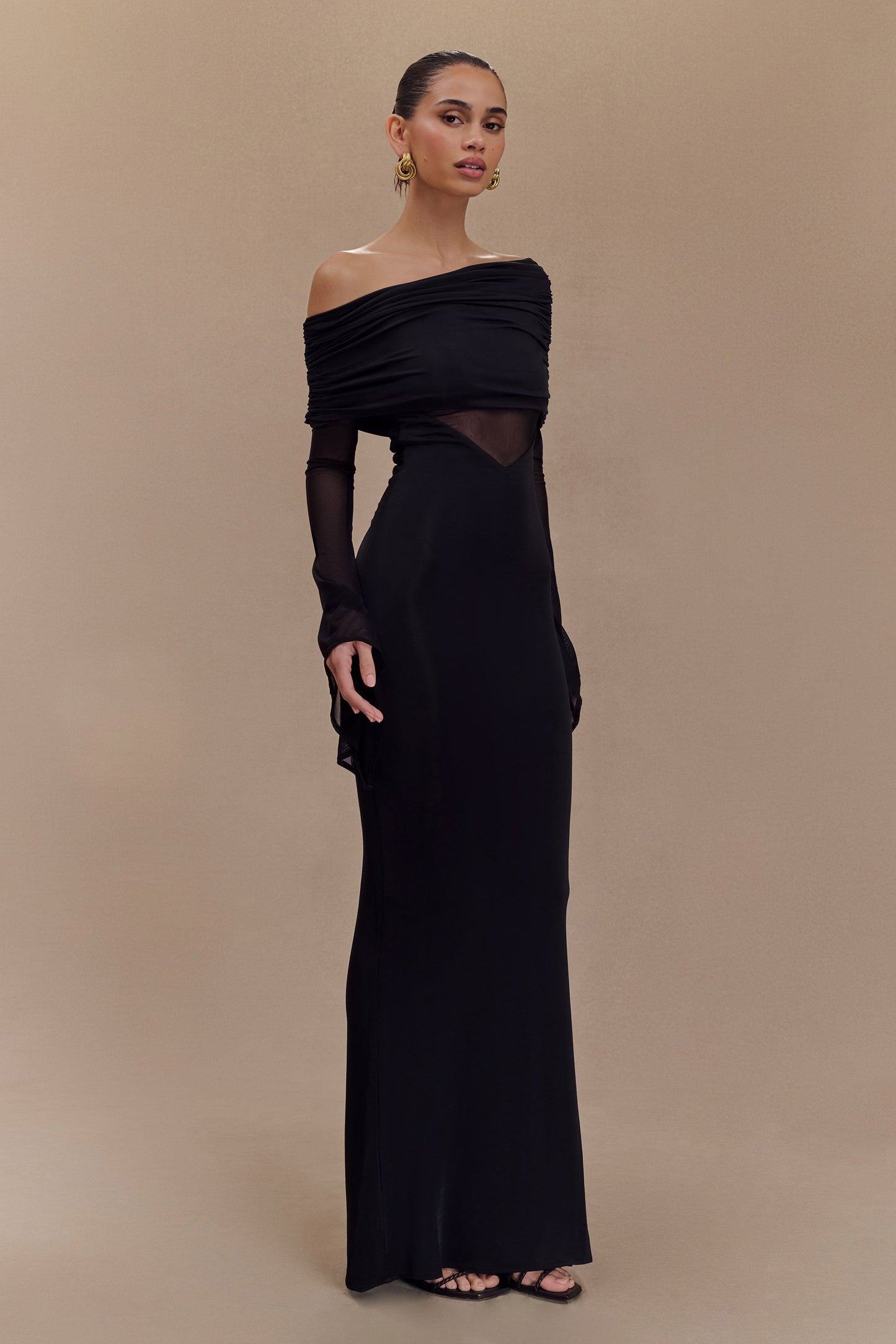 Kaitlin One Shoulder Slinky And Mesh Maxi Dress - Black