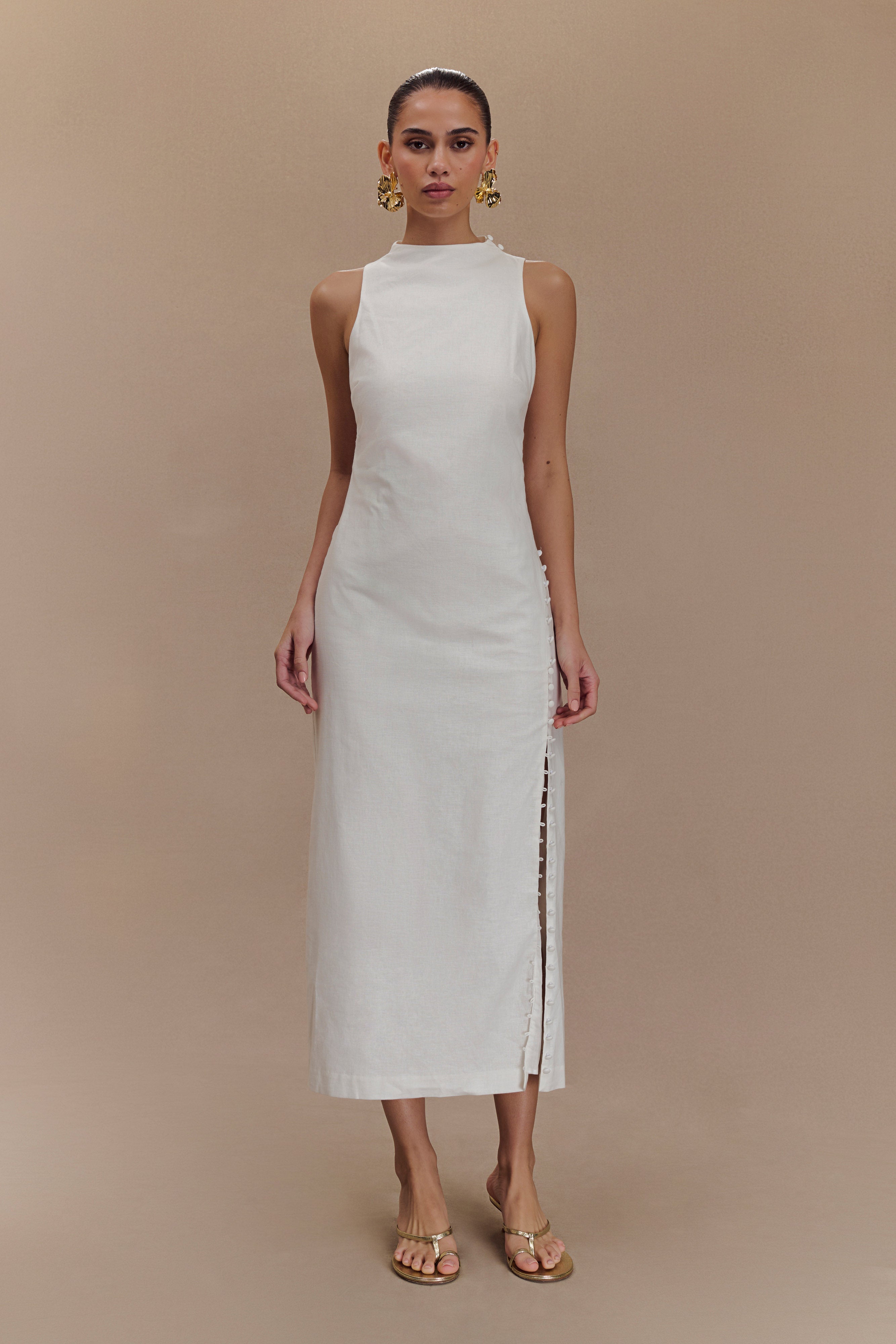 White midi dress fashion with buttons