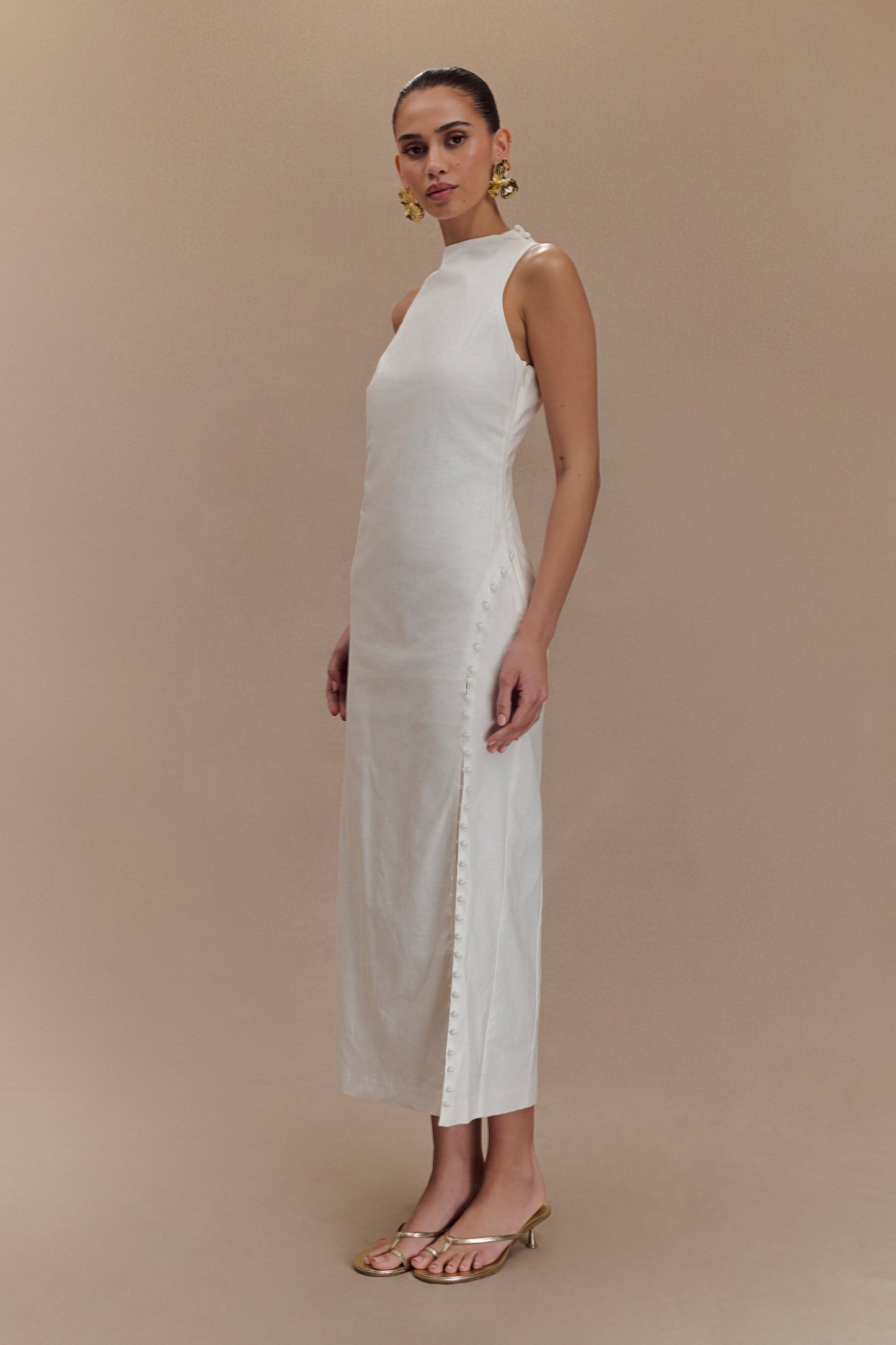 Bronte Linen Button Midi Dress - White