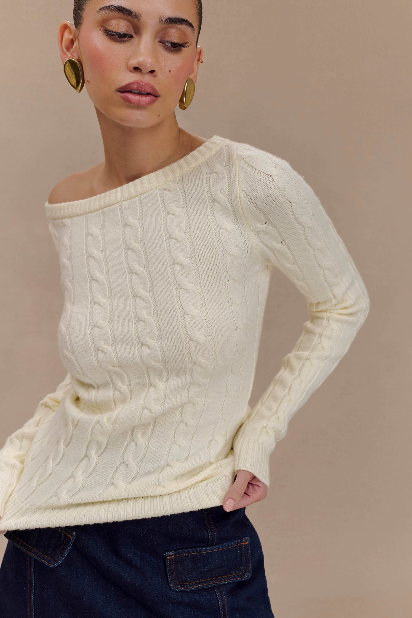 Belinda Off Shoulder Cable Knit Top - Ivory